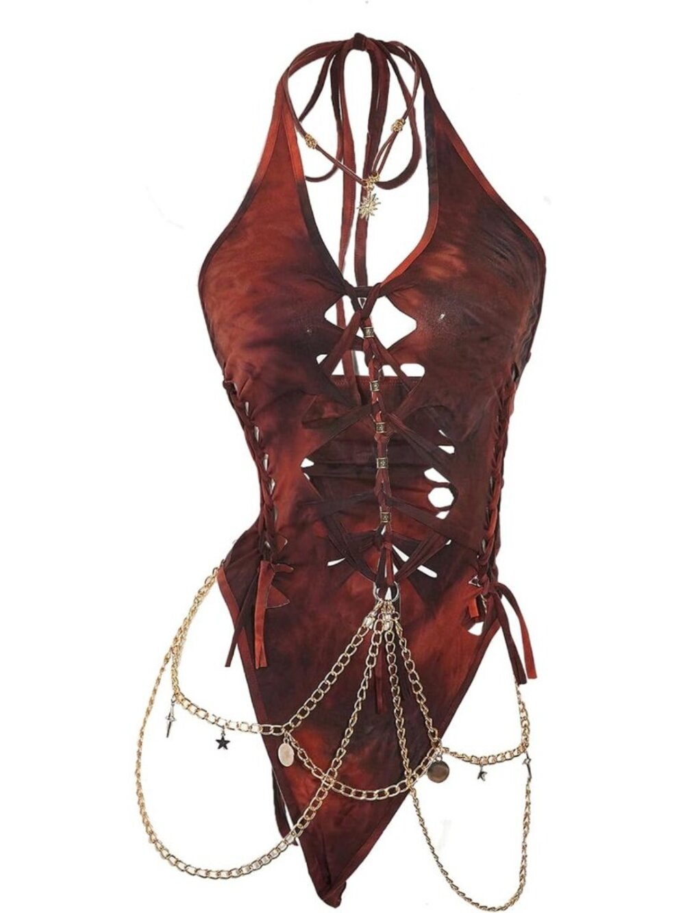 Gothic Cut Out Lace Up Halter Neck Bodysuit for Rave & Night Out - Trendy Body